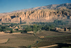 Afghanistan, Bamiyan, panorama and statue of Buddha in rock face